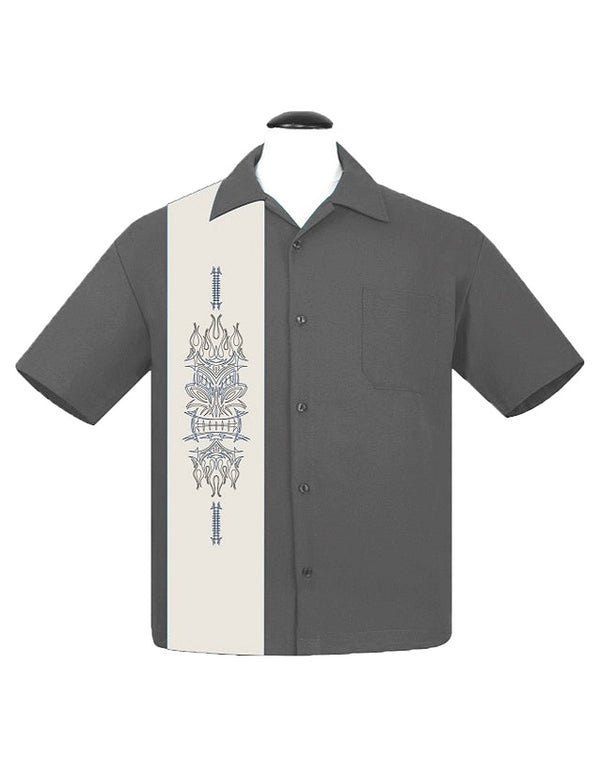 steady clothing Pinstripe Tiki Panel Bowling Shirt in Charcoal/Cream