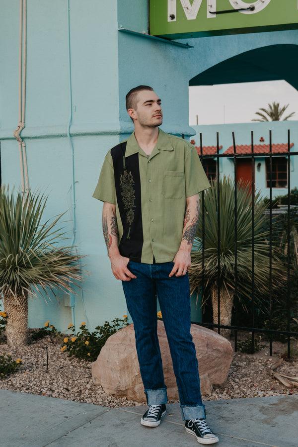 Steady Clothing Pinstripe Tiki Panel Bowling Shirt In Green