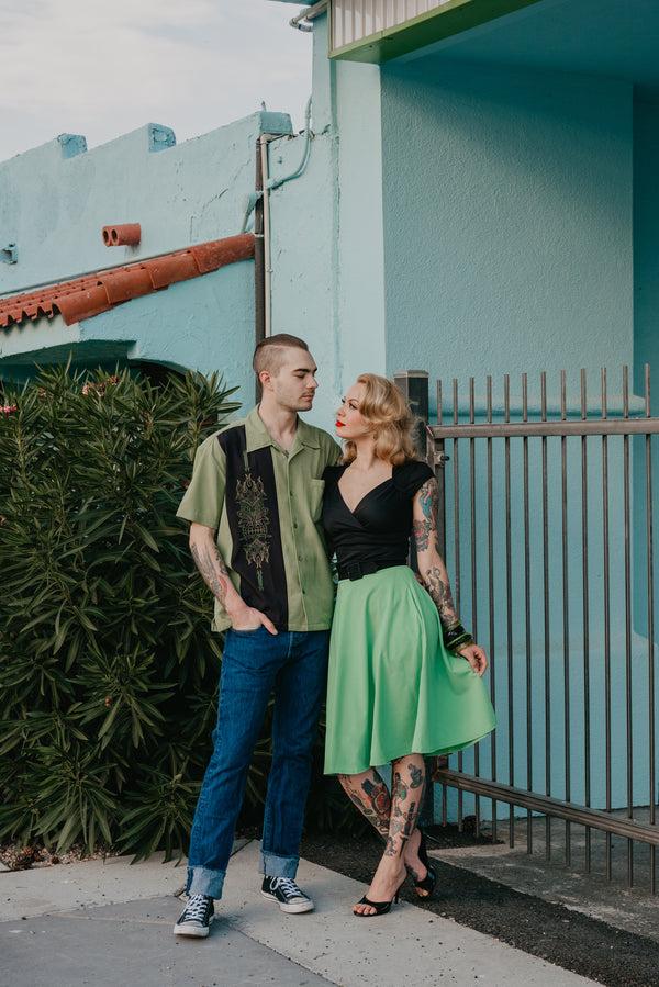 Steady Clothing Pinstripe Tiki Panel Bowling Shirt In Green