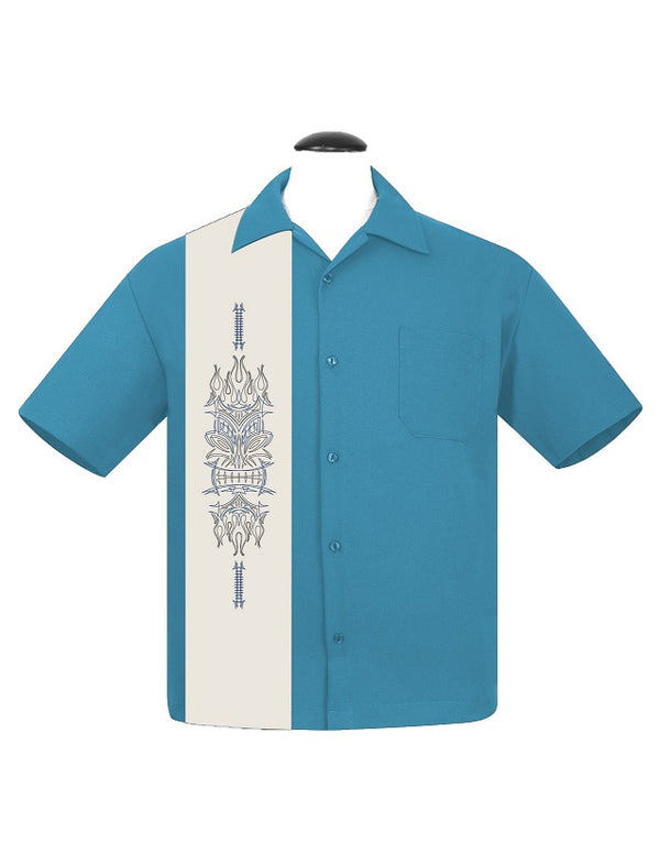 steady clothing Pinstripe Tiki Panel Bowling Shirt in Pacific