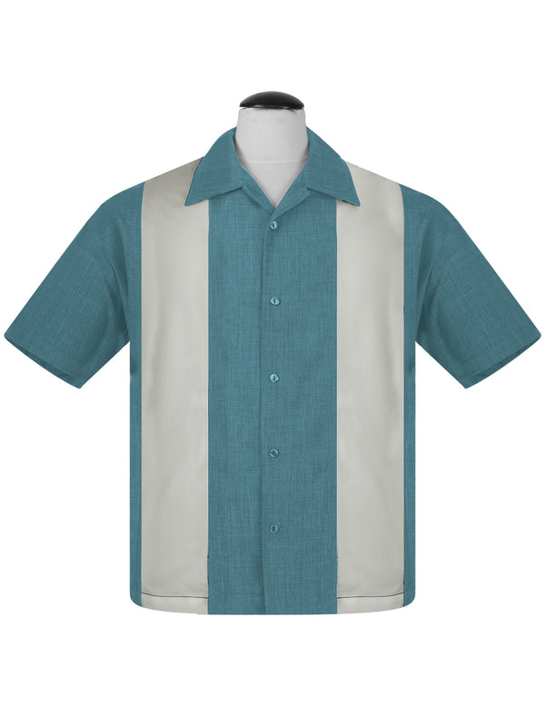 steady clothing PopCheck Double Panel Bowling Shirt in Aqua/Stone