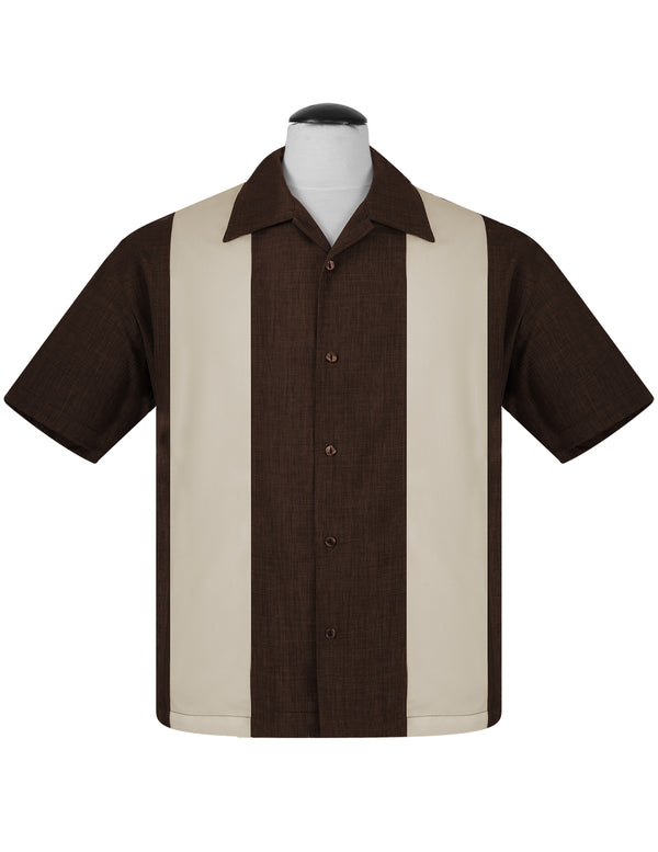 steady clothing PopCheck Double Panel Bowling Shirt in Brown/Stone