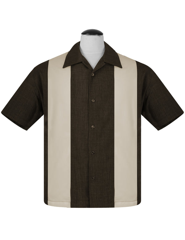 steady clothing PopCheck Double Panel Bowling Shirt in Coffee/Stone