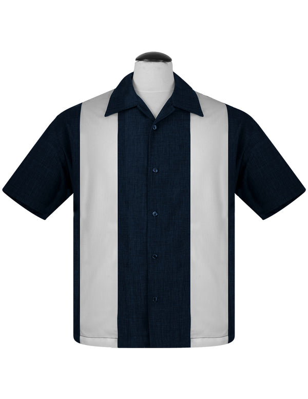 steady clothing PopCheck Double Panel Bowling Shirt in Navy/White
