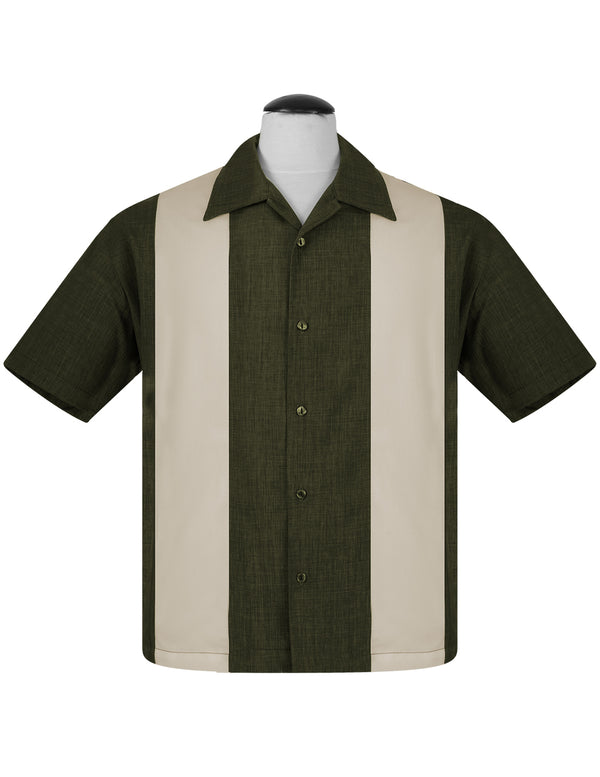 steady clothing PopCheck Double Panel Bowling Shirt in Olive/Stone