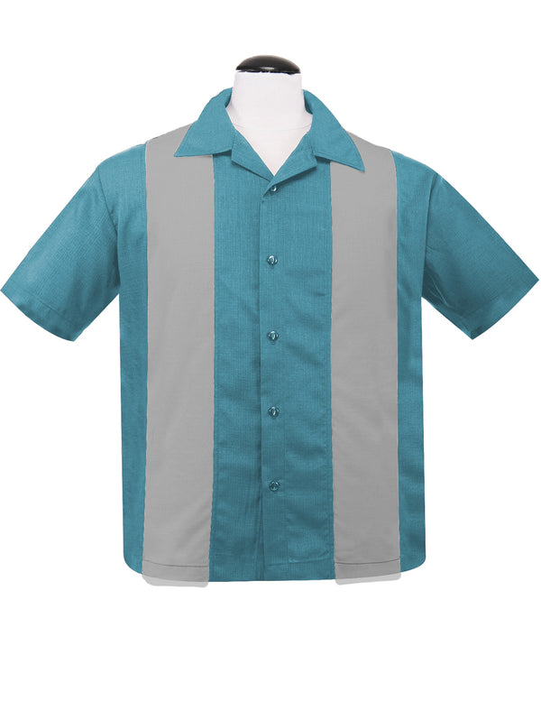steady clothing PopCheck Double Panel Bowling Shirt in Pacific/Silver