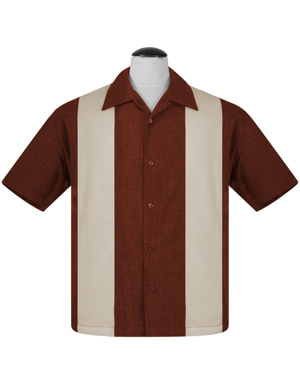 steady clothing PopCheck Double Panel Bowling Shirt in Rust/Stone