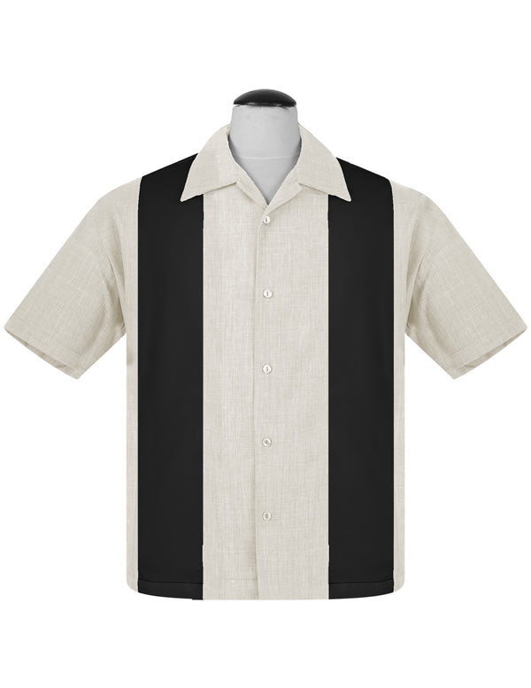steady clothing PopCheck Double Panel Bowling Shirt in Stone/Black