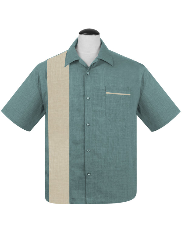 steady clothing PopCheck Single Panel Bowling Shirt in Aqua/Stone