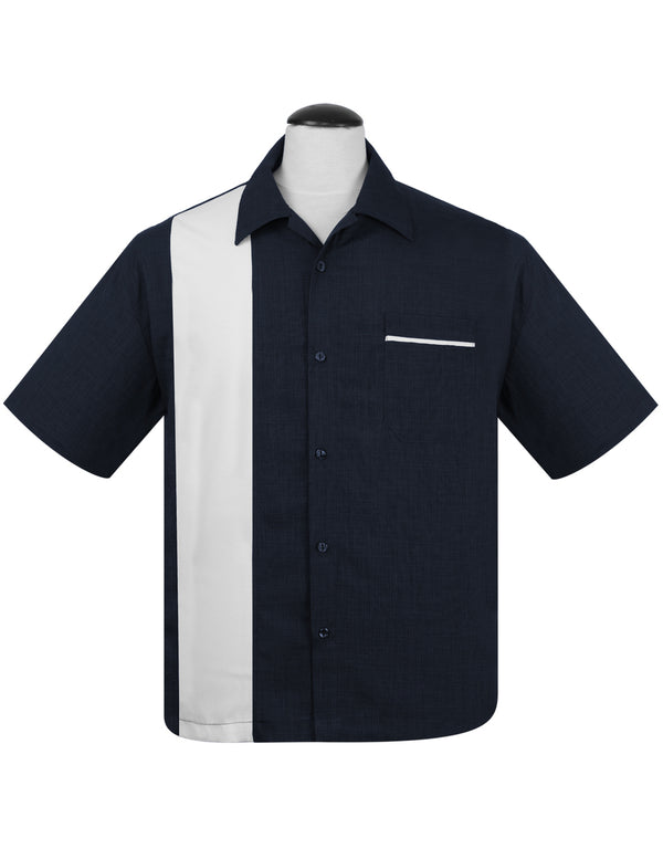 steady clothing PopCheck Single Panel Bowling Shirt in Navy/White