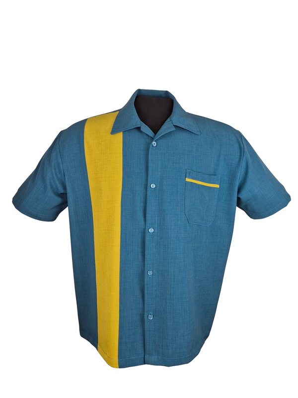 steady clothing PopCheck Single Panel Bowling Shirt in Pacific/Mustard