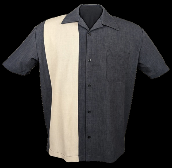 steady clothing PopCheck Single Wide Panel Bowling Shirt in Charcoal/Stone