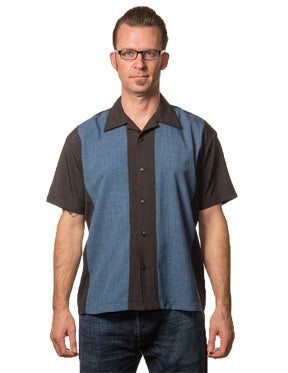 Steady Clothing PopCheck Wide Double Panel Button Up In Black/Denim Bowling Shirt