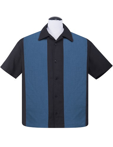 steady clothing PopCheck Wide Double Panel Button Up in Black/Denim Bowling Shirt