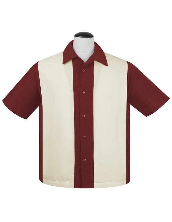 steady clothing PopCheck Wide Double Panel Button Up in Burgundy/Stone Bowling Shirt