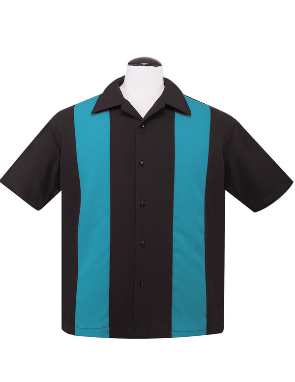 steady clothing Poplin Double Panel Bowling Shirt in Black/Turquoise
