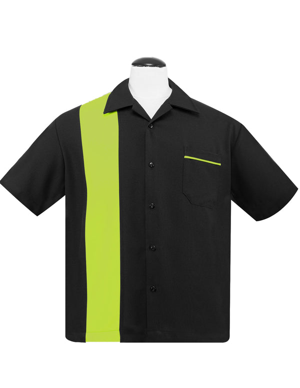 steady clothing Poplin Single Panel Bowling Shirt in Black/Lime Green