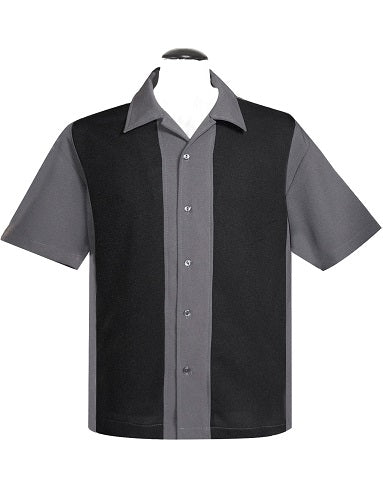 steady clothing Poplin Wide Panel Bowling Shirt in Charcoal/Black