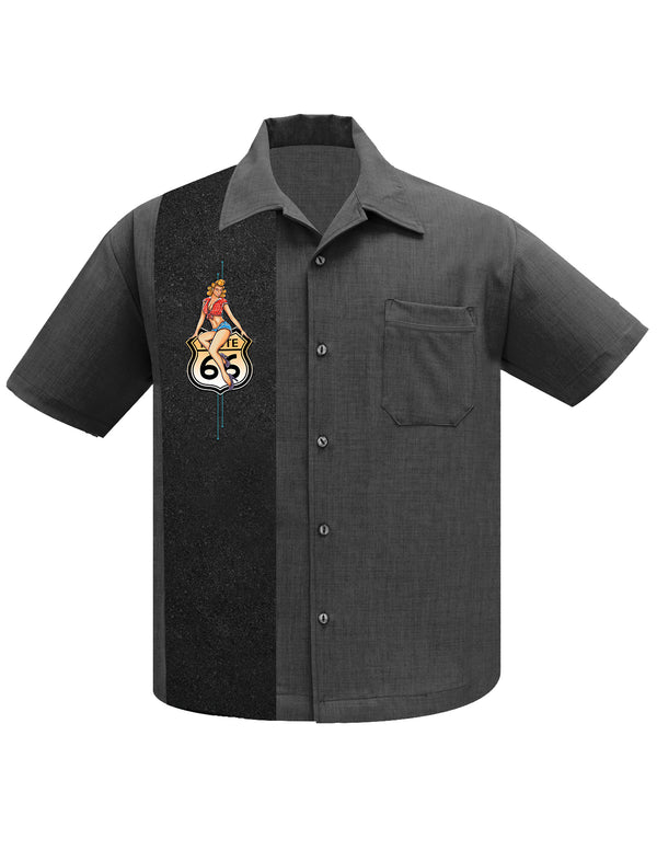 steady clothing Route 66 Pin-Up Panel Bowling Shirt in Charcoal