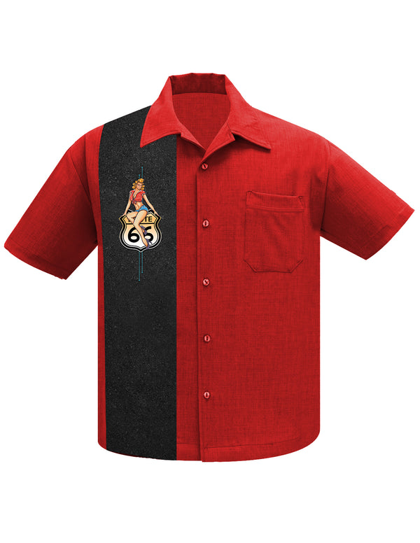 steady clothing Route 66 Pin-Up Panel Bowling Shirt in Red