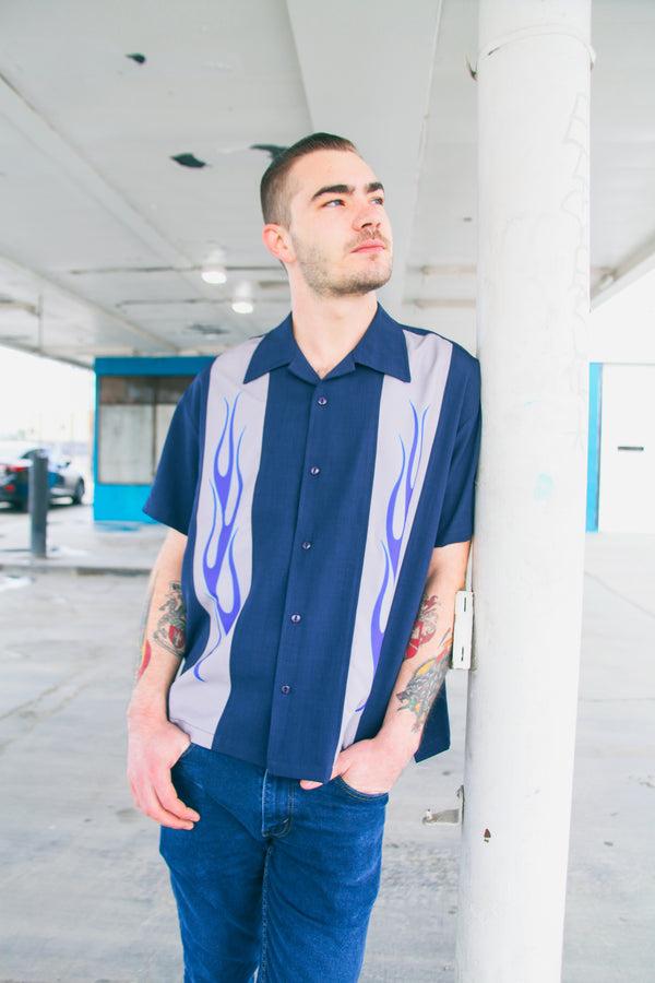 Steady Clothing Flame N Hot Bowling Shirt In Navy