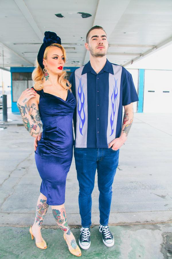 Steady Clothing Flame N Hot Bowling Shirt In Navy