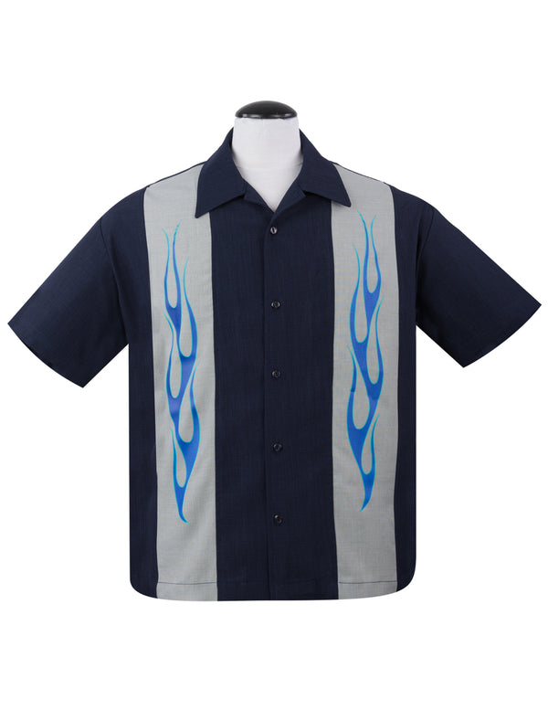 steady clothing Flame N Hot Bowling Shirt in Navy