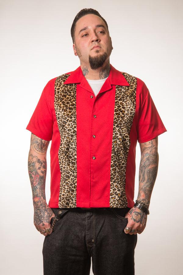 Steady Clothing Leopard Panel Bowling Shirt In Red