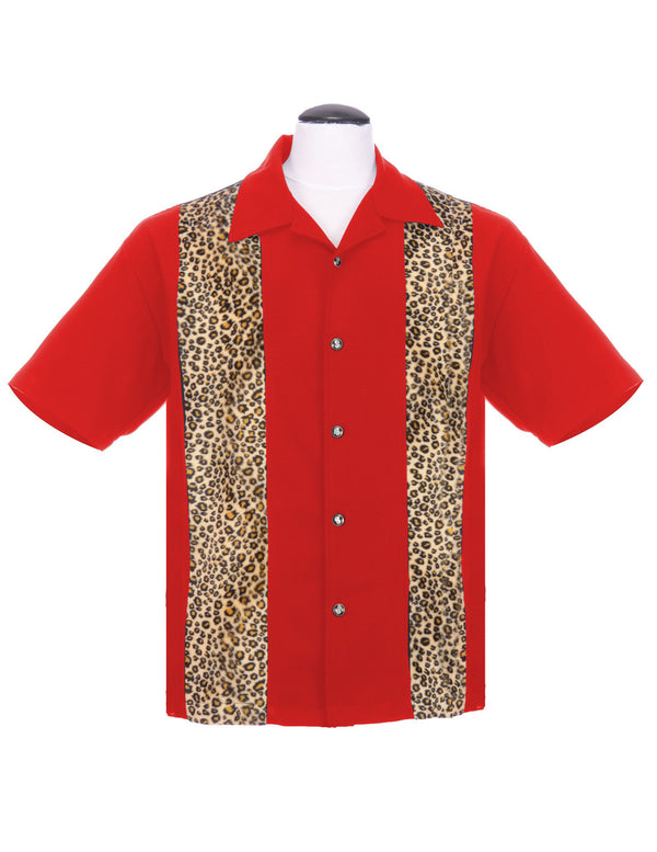 steady clothing Leopard Panel Bowling Shirt in Red