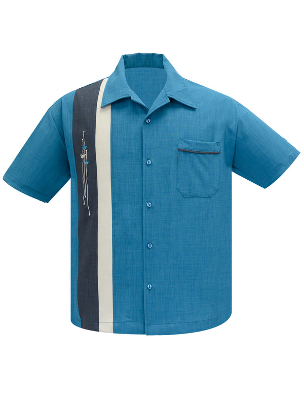 steady clothing The Arthur Bowling Shirt in Pacific/Charcoal/Stone