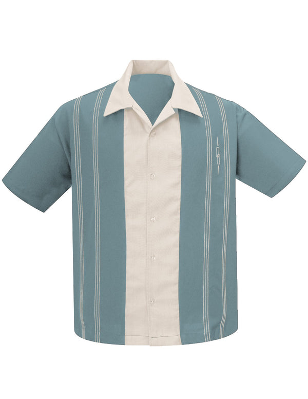 steady clothing The Harper Bowling Shirt in Aqua/Stone