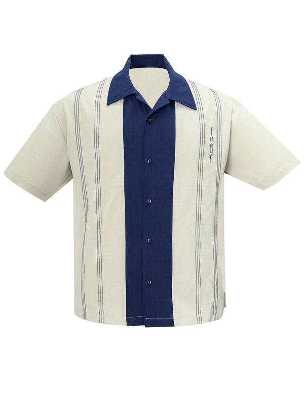 steady clothing The Harper Bowling Shirt in Stone & Navy