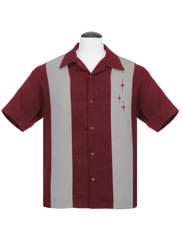 steady clothing Three Star Panel Bowling Shirt in Burgundy