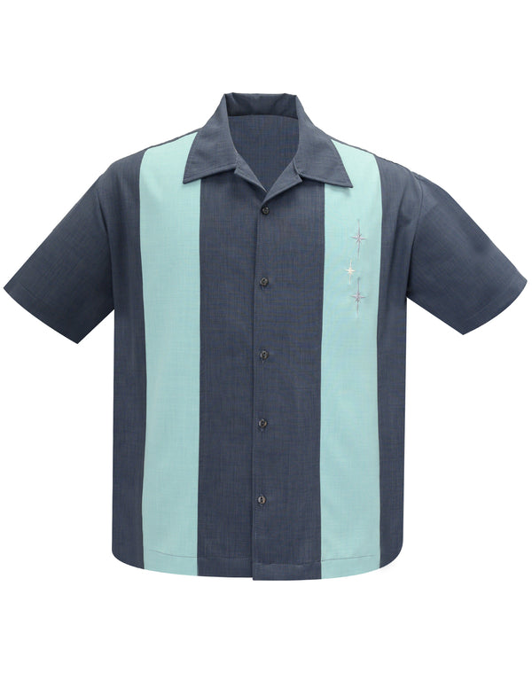 steady clothing Three Star Panel Bowling Shirt in Charcoal