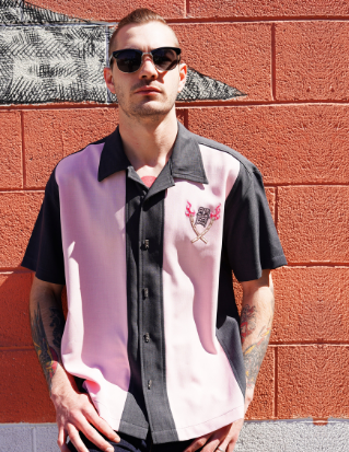 Steady Clothing Tropical Itch Bowling Shirt In Charcoal/Pink