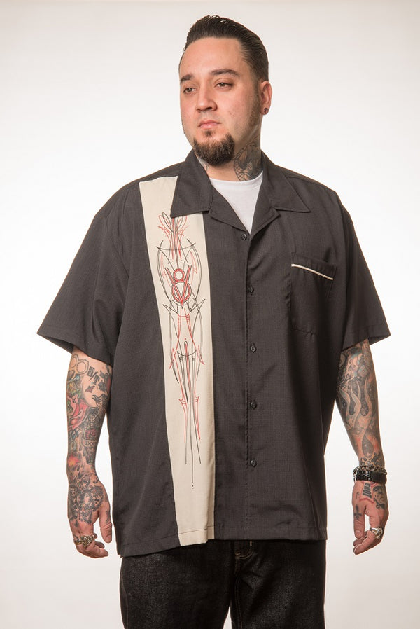 Steady Clothing V8 Pinstripe Panel Bowling Shirt In Black/Stone