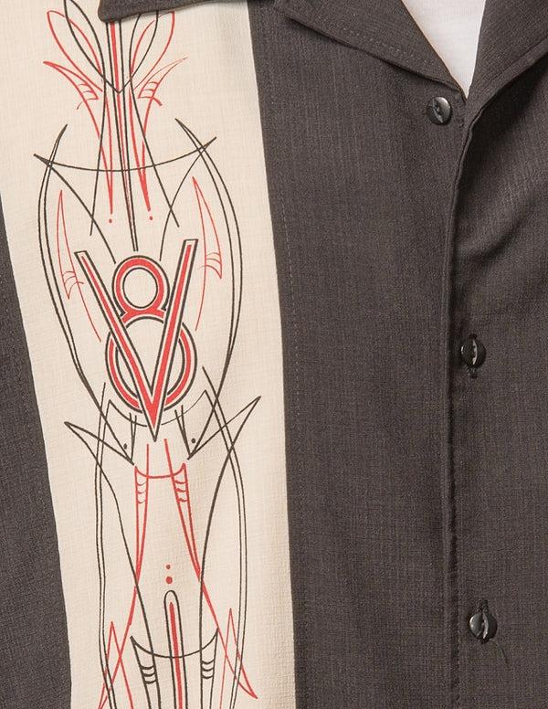 Steady Clothing V8 Pinstripe Panel Bowling Shirt In Black/Stone