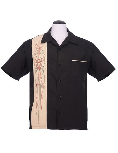 steady clothing V8 Pinstripe Panel Bowling Shirt in Black/Stone