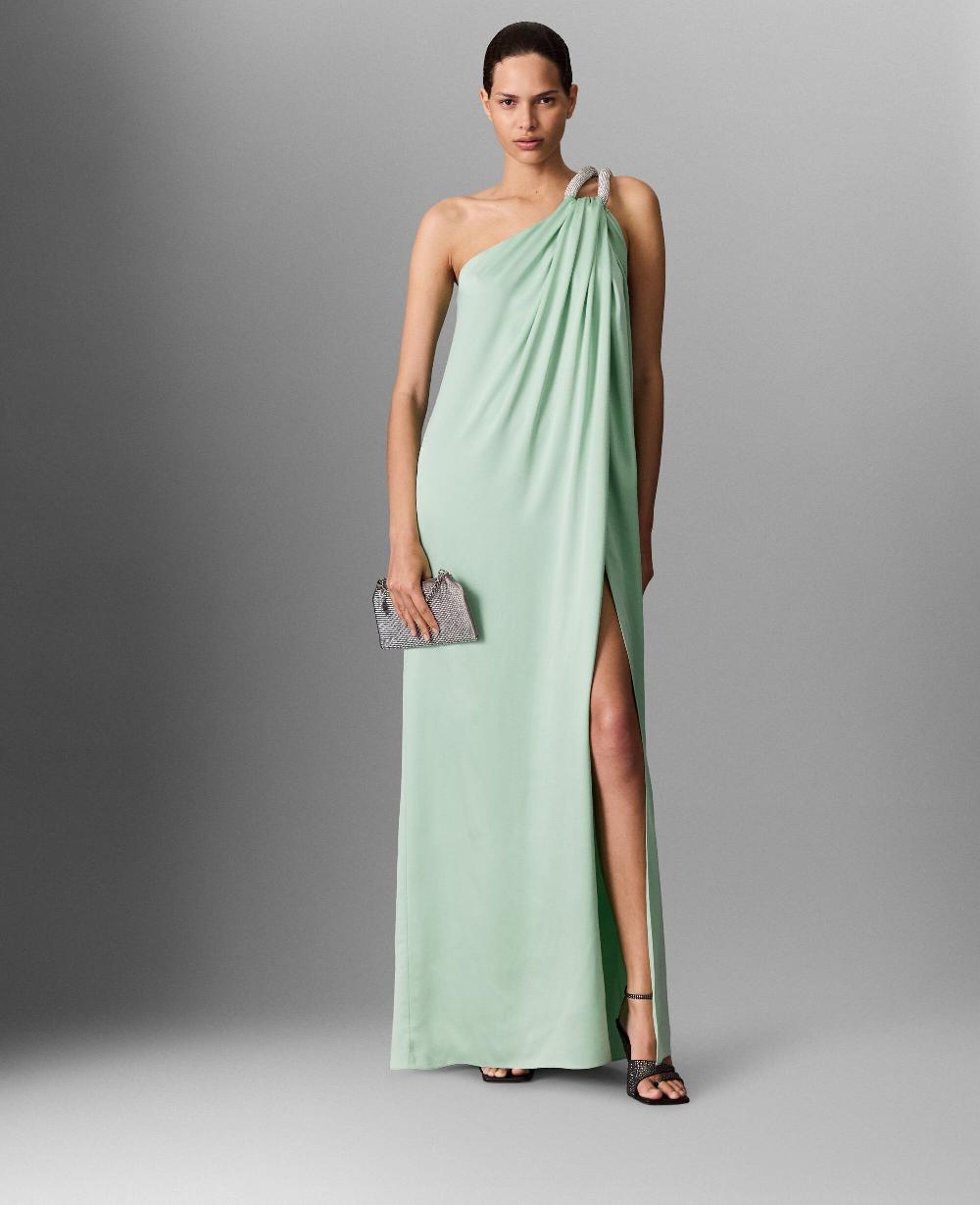 Stella Lead-Free Crystal Chain Link Asymmetric Draped Maxi Dress