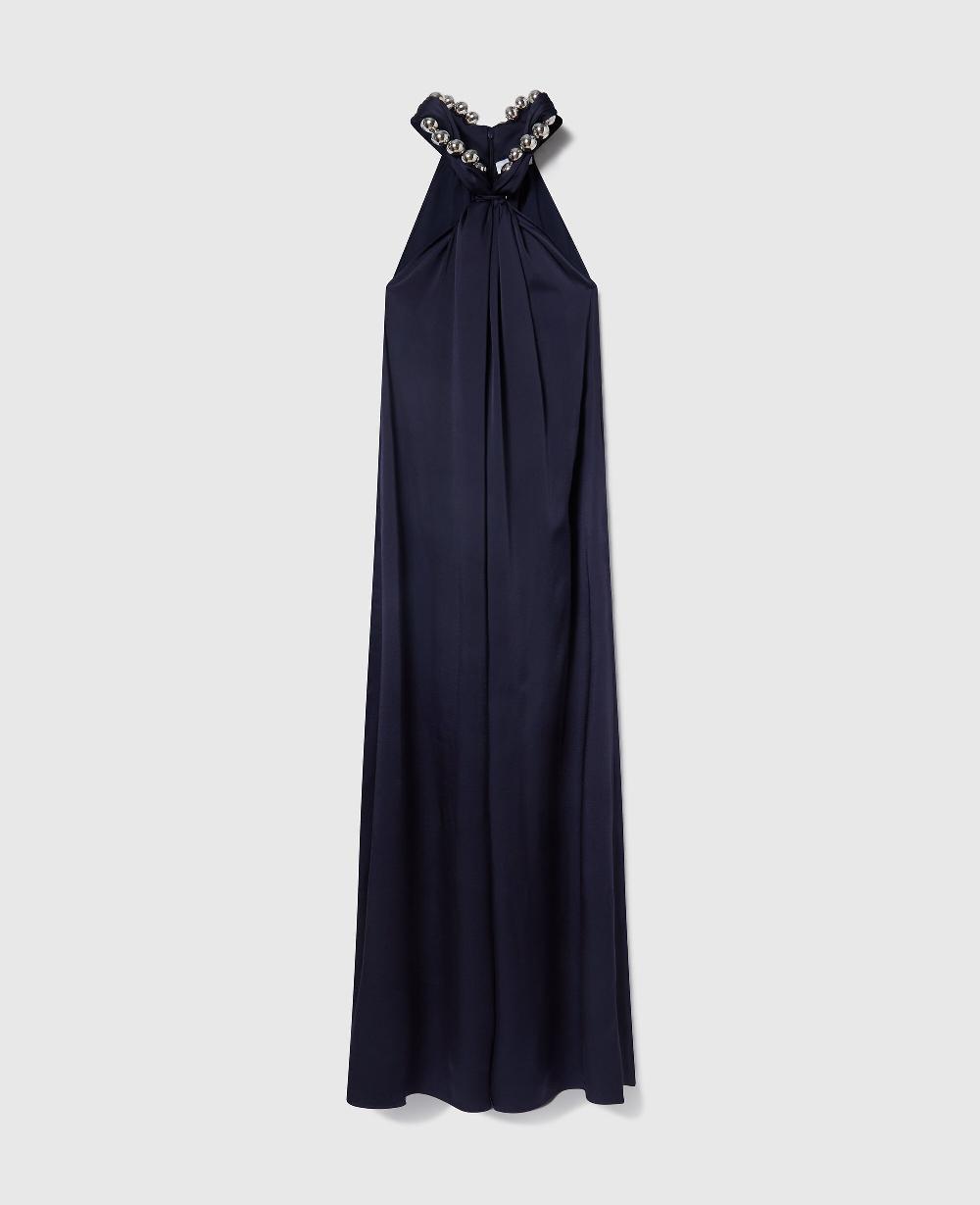 stella Ball-Chain Halterneck Satin Maxi Dress