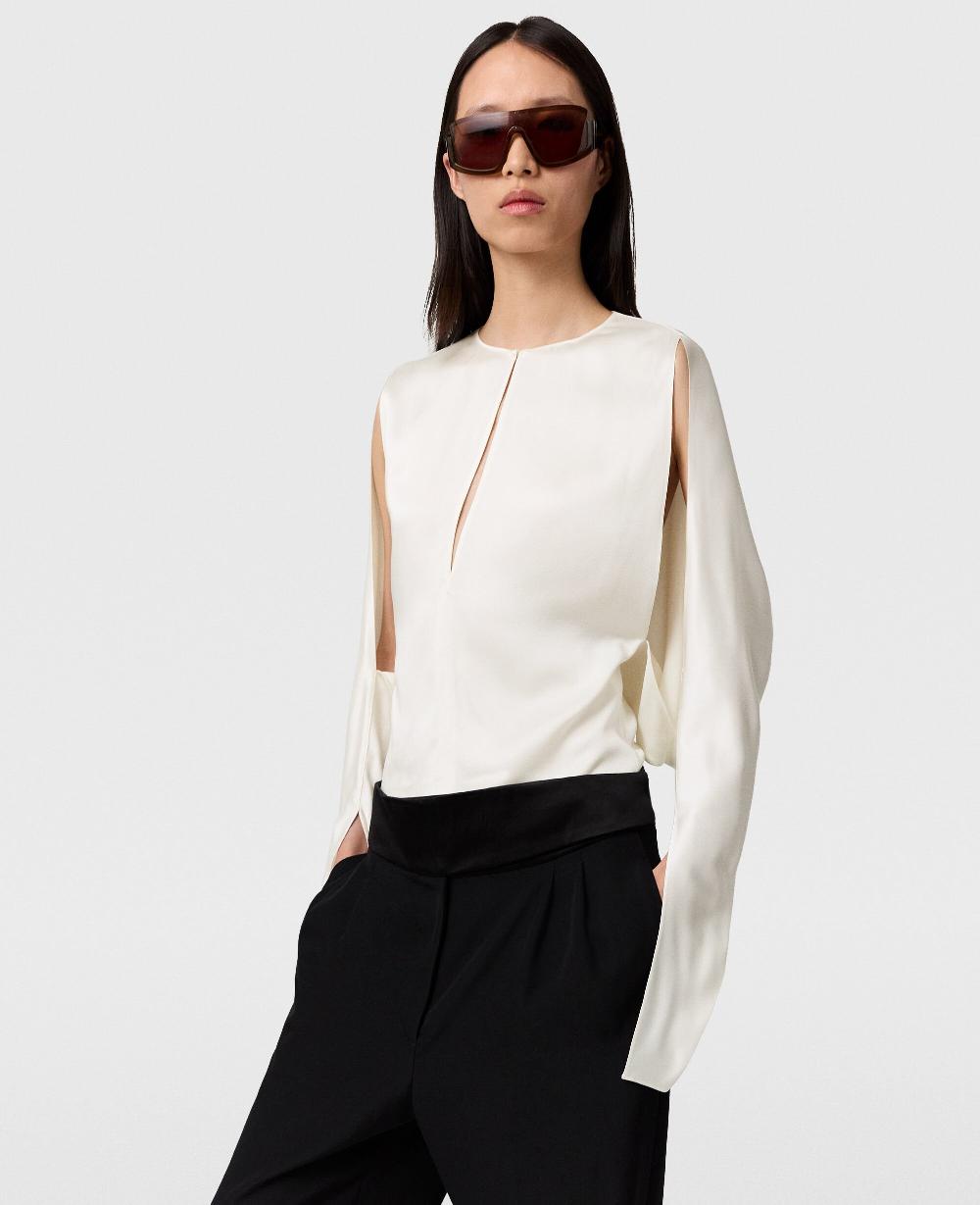Stella Cape-Sleeve Cut-Out Satin Top