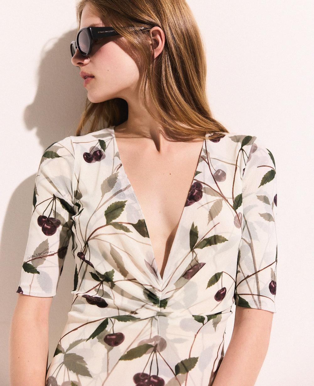 Stella Cherry Print Mesh Half Sleeve Midi Dress