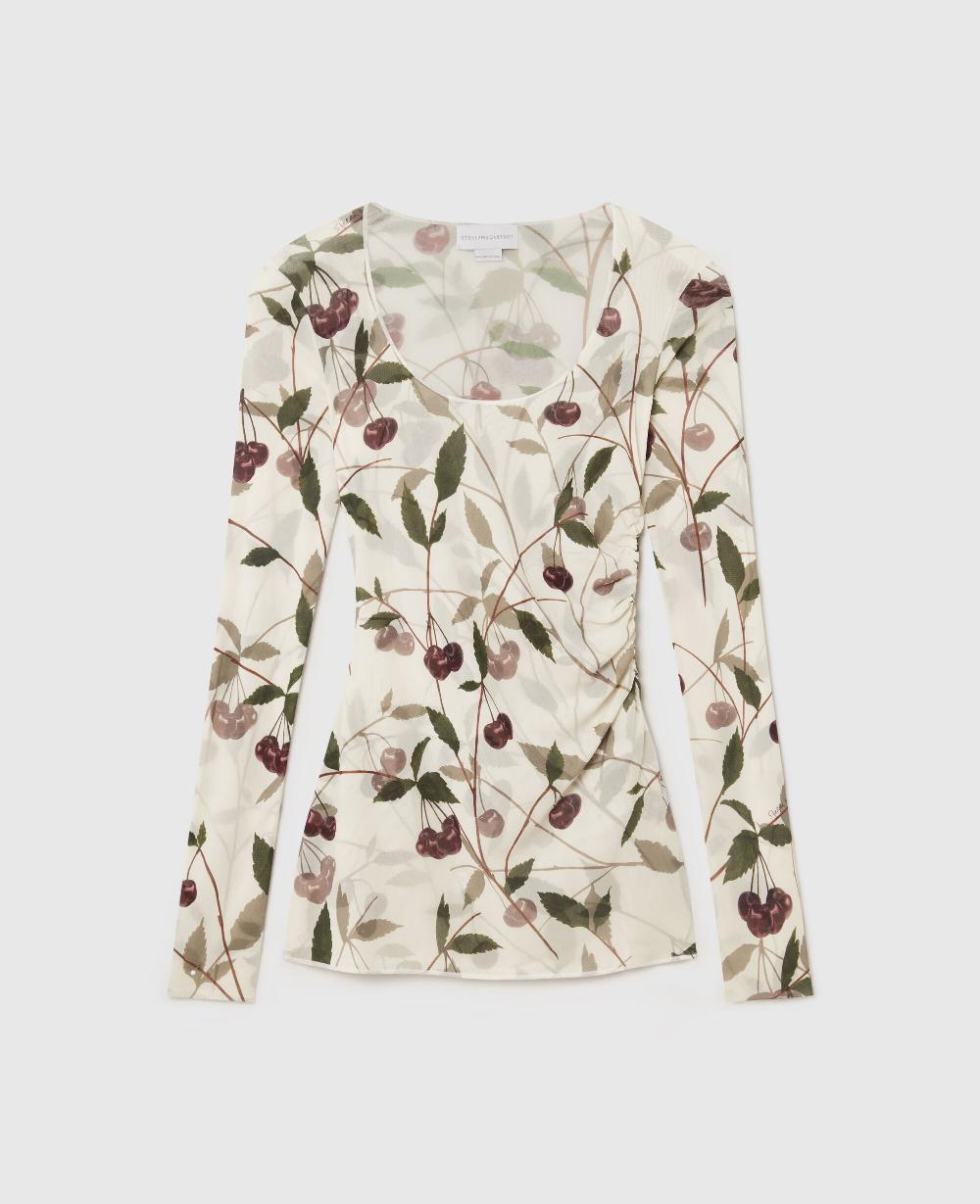 stella Cherry Print Mesh Long Sleeve Top