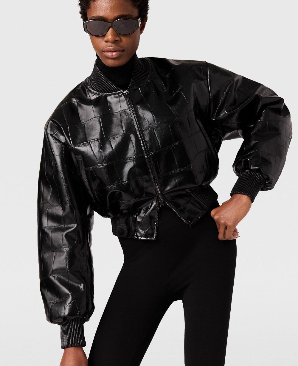 Stella Crocodile-Embossed Cropped Bomber Jacket
