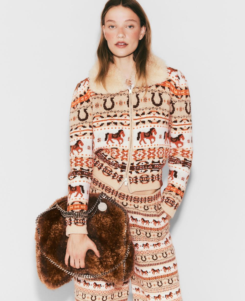 Stella Fair Isle Plush-Collar Wool Cardigan
