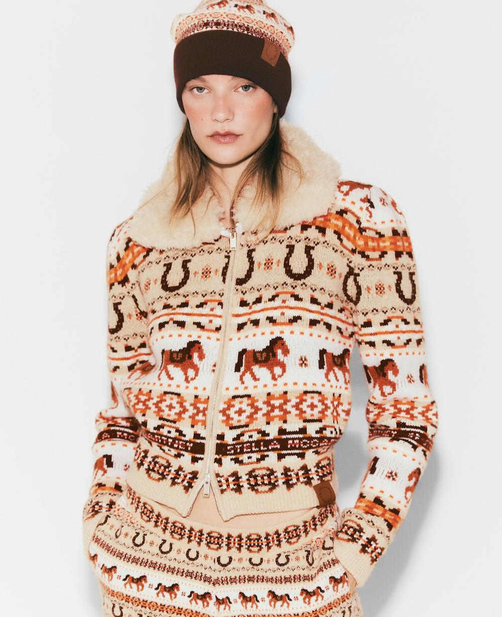 Stella Fair Isle Plush-Collar Wool Cardigan