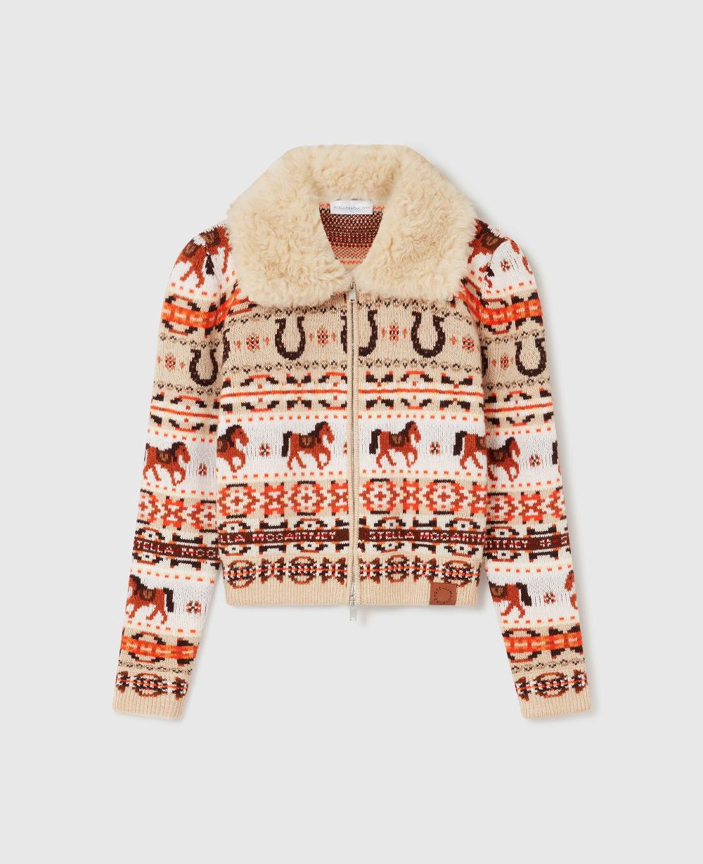 stella Fair Isle Plush-Collar Wool Cardigan