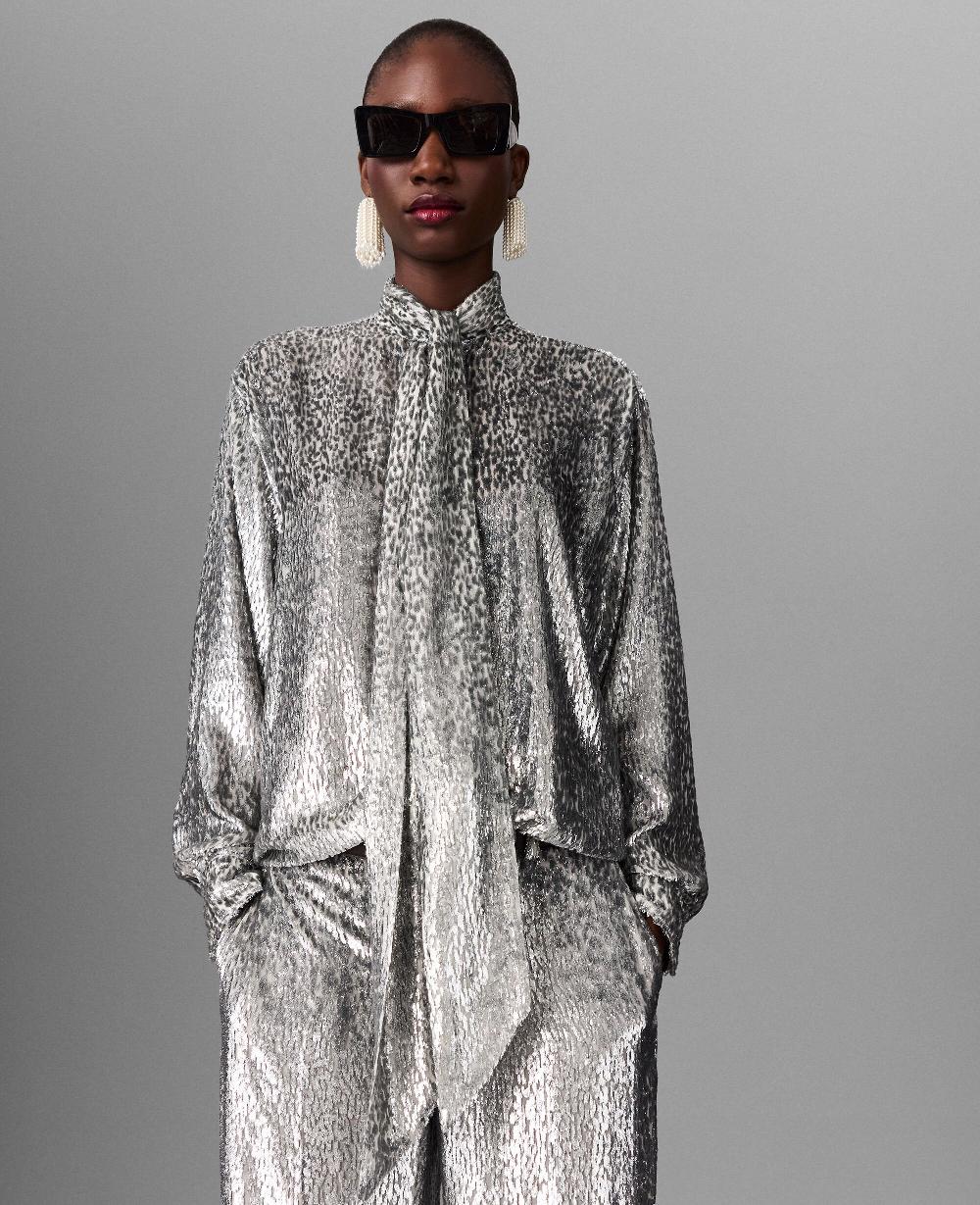 Stella Metallic Velvet Tie-Nneck Shirt