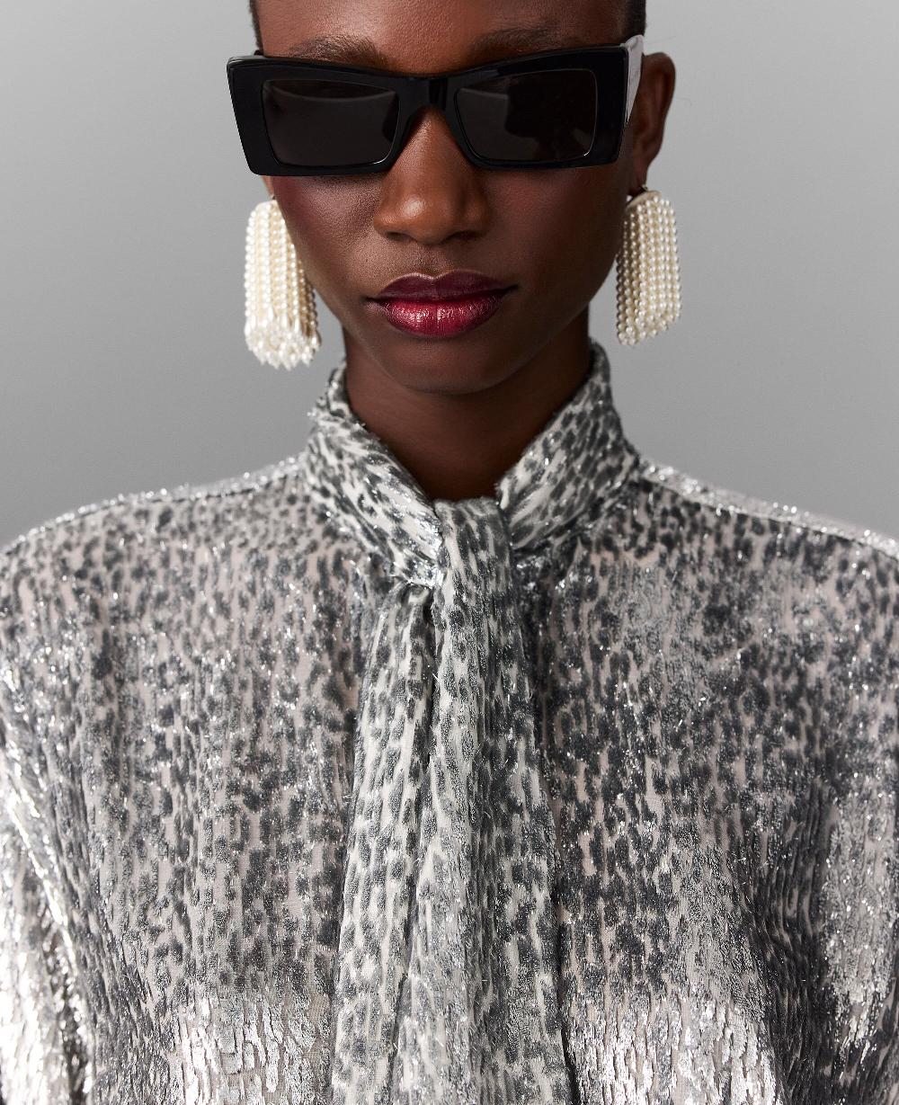 Stella Metallic Velvet Tie-Nneck Shirt