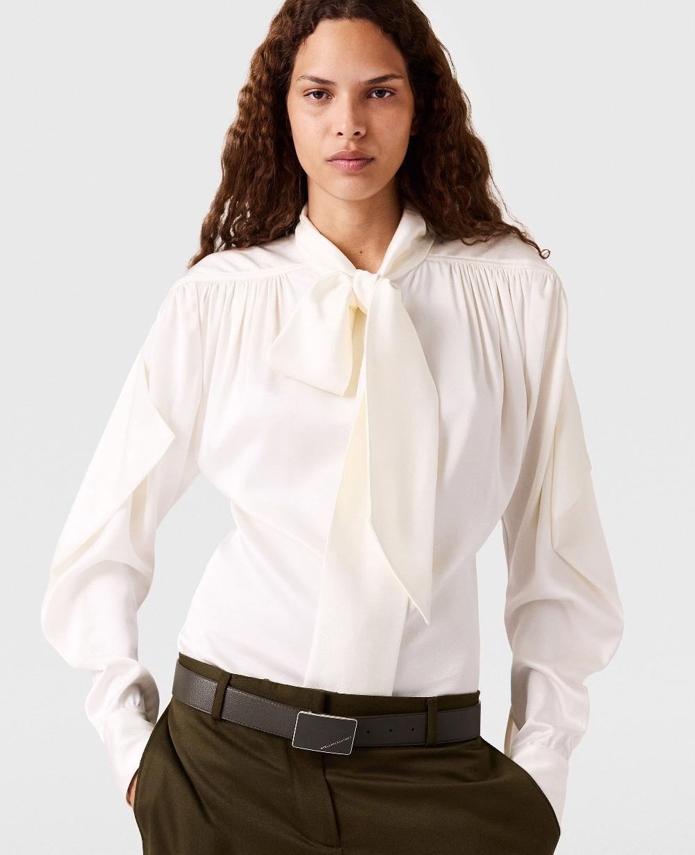 Stella Neck-Tie Shoulder Pad Long-Sleeve Shirt